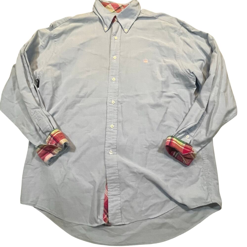 Brooks Brothers 346 Oxford Button Down Shirt Mens L Blue Plaid Flip Cuff